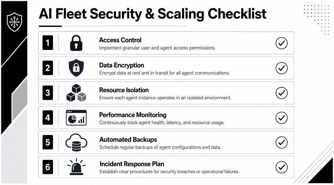 A checklist titled AI Fleet Security and Scaling outlining six essential steps for managing AI agent infrastructure.