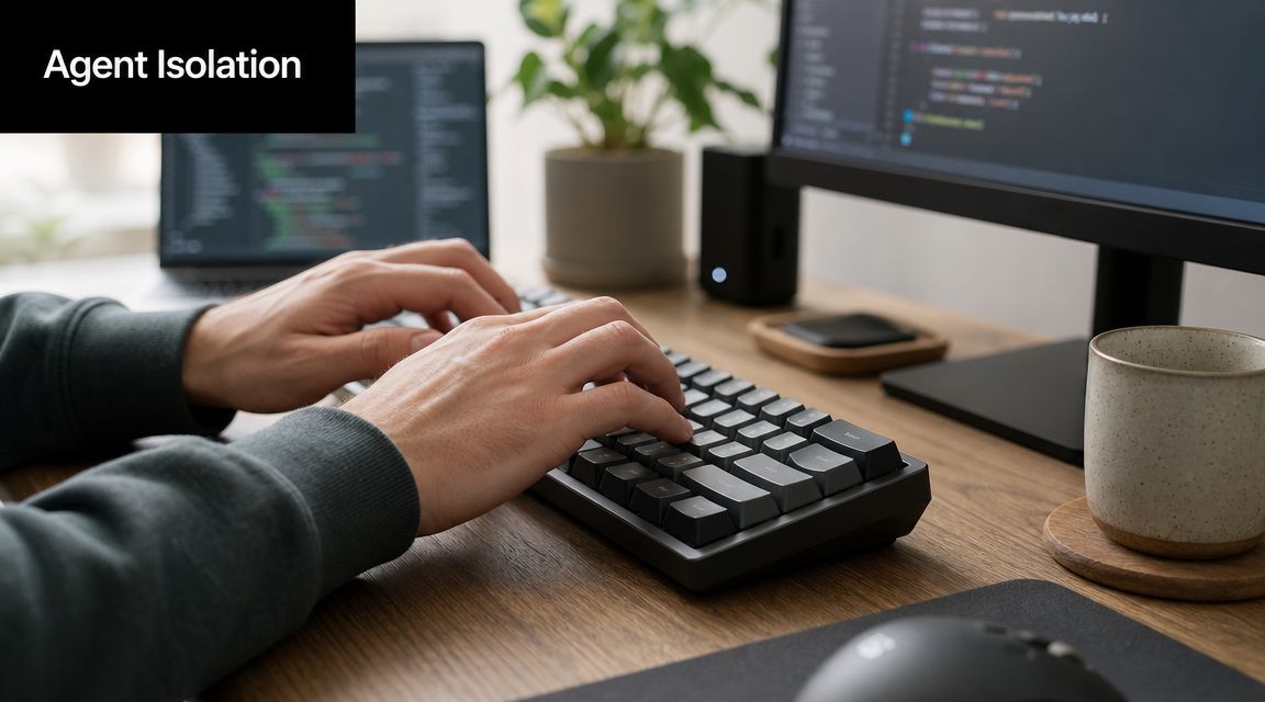 A developer working on code while using multiple monitors and an isolated computer setup environment.