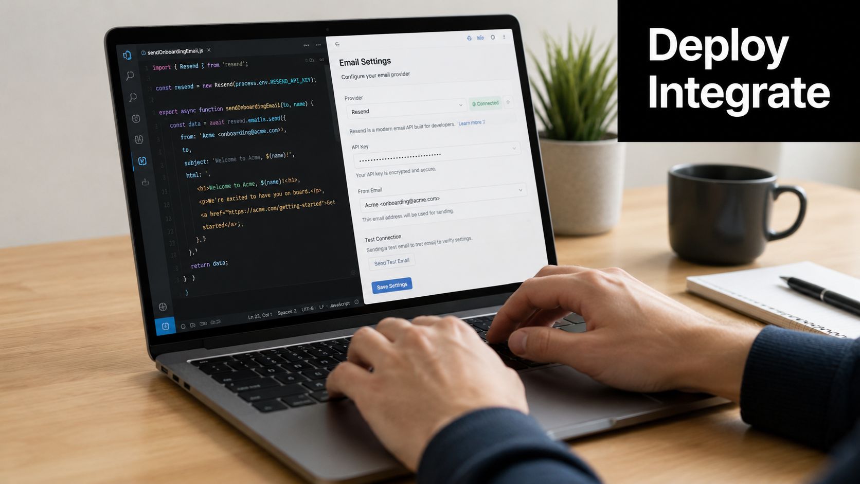 A developer writes code for email automation on a laptop alongside a dashboard with integration settings.