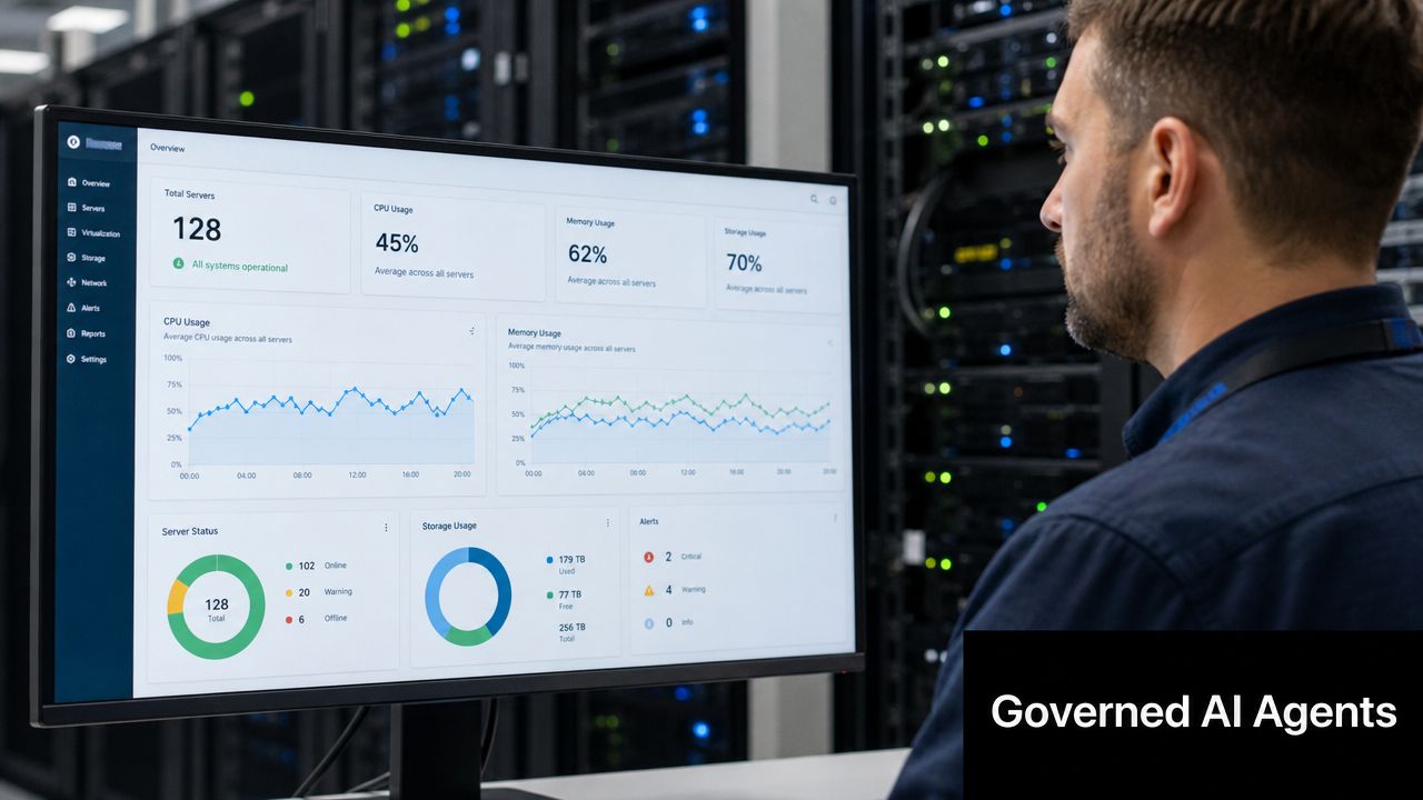 An IT professional observing server performance metrics and system status dashboards on a large computer monitor.