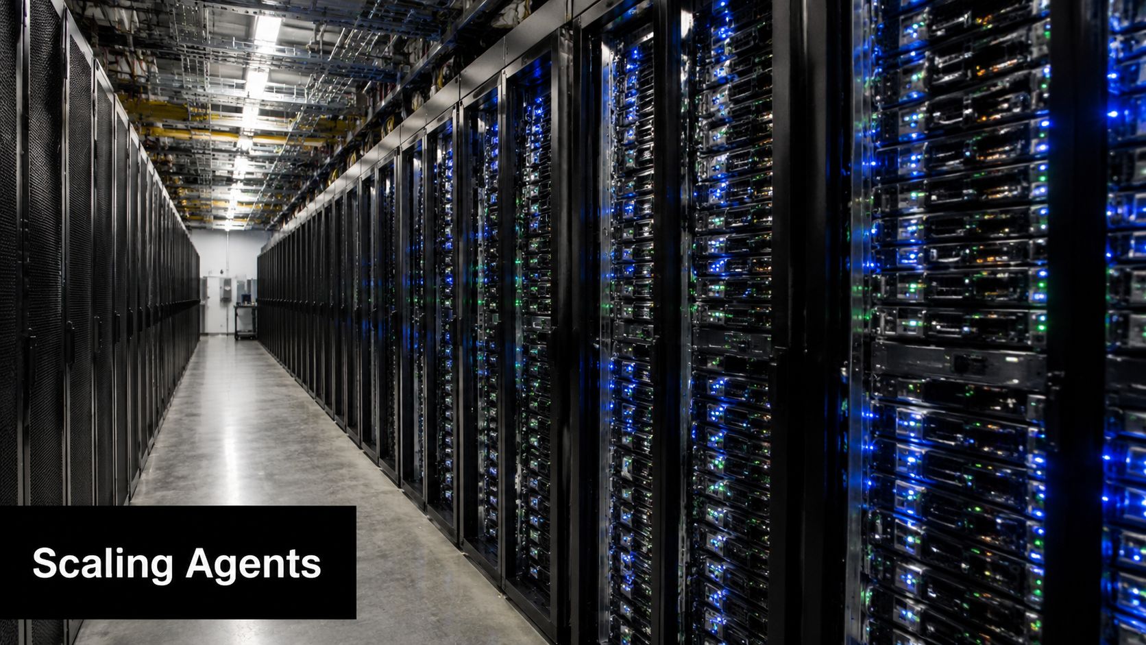 A long aisle inside a large data center with rows of server racks and blue blinking lights.