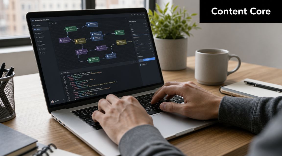 A developer working on an automation workflow on a laptop in a modern home office setting.