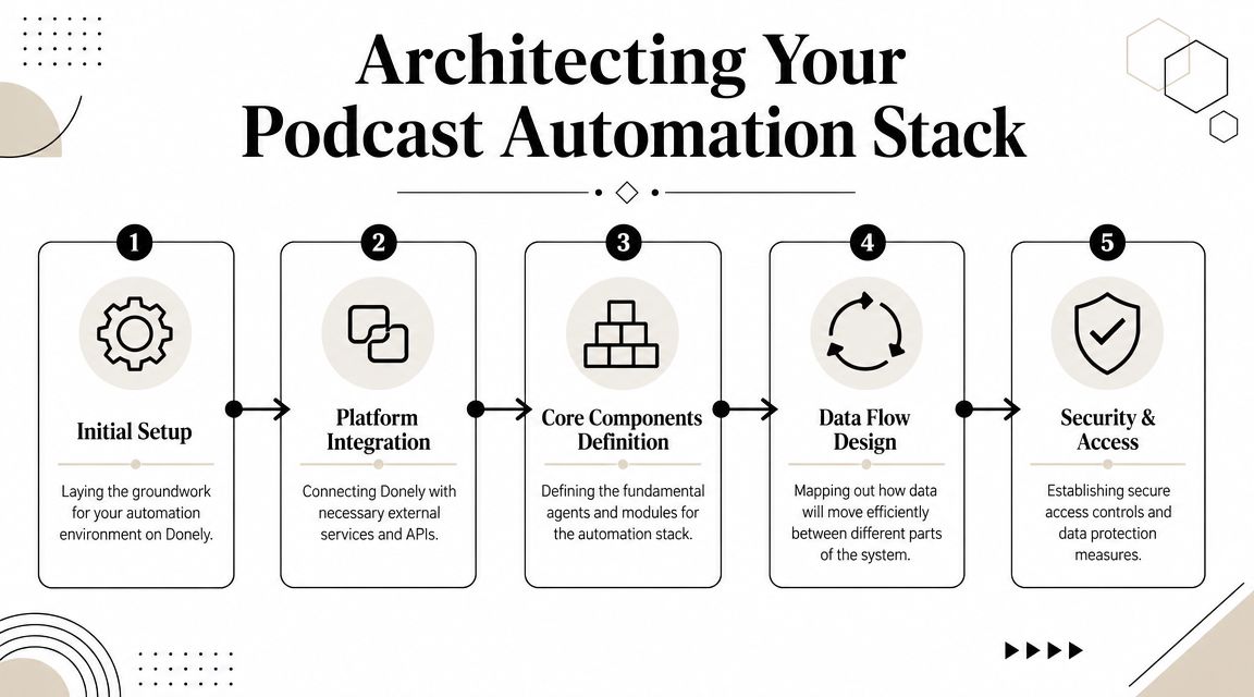 A five-step infographic outlining the process for architecting a professional podcast automation stack for business efficiency.
