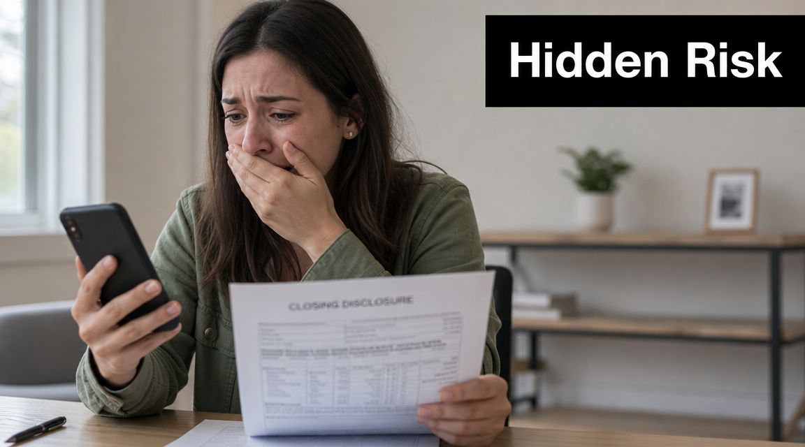 A distressed woman looking at her phone while holding a real estate closing disclosure document.