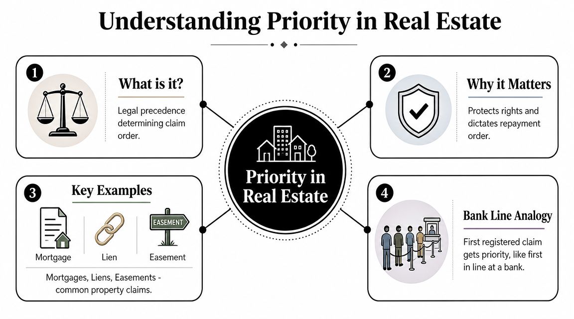 An infographic explaining real estate priority, covering legal precedents, payment order protection, common examples, and bank line analogies.