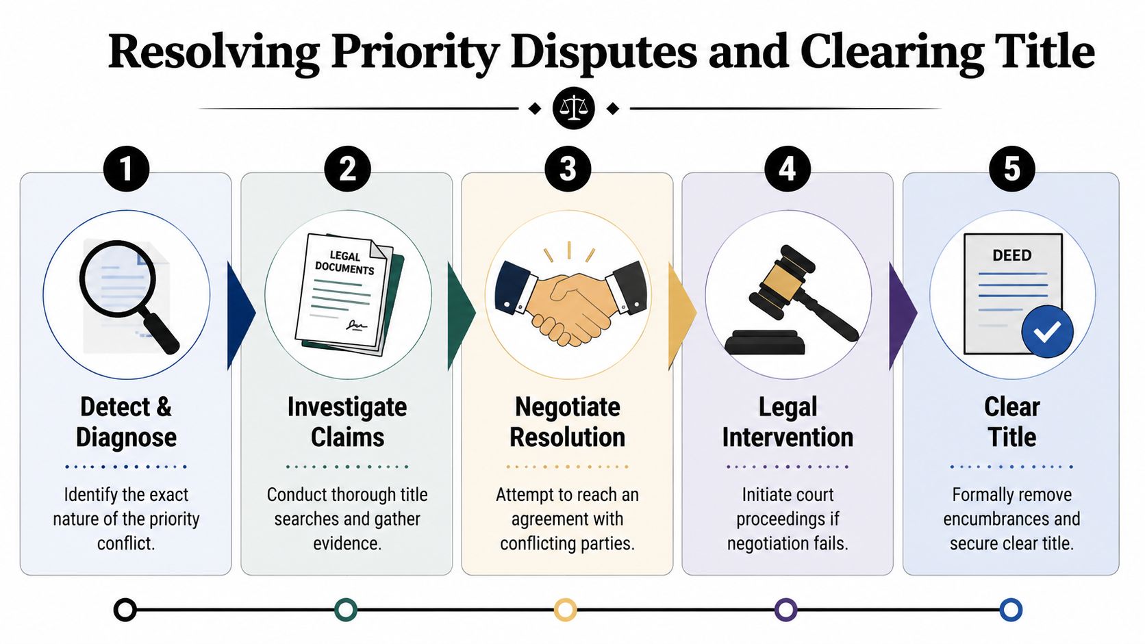 A five-step flowchart illustrating the professional process for resolving priority real estate disputes and clearing property titles.