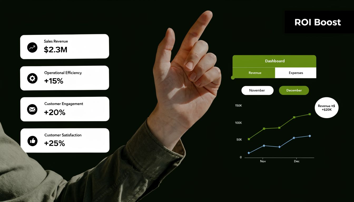 A digital interface display showing business analytics dashboard with revenue growth metrics and performance indicators.