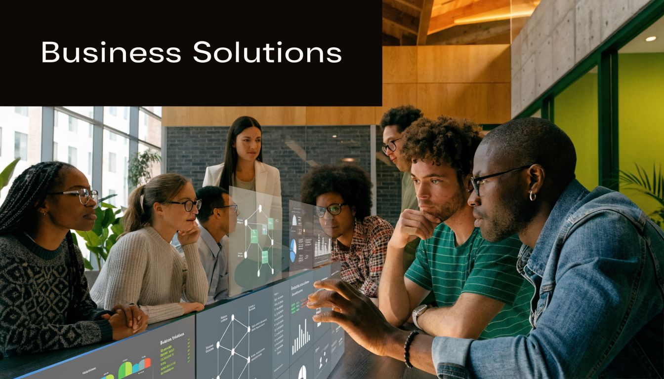 A diverse team of professionals collaboratively working together around a digital interface displaying business analytics data.