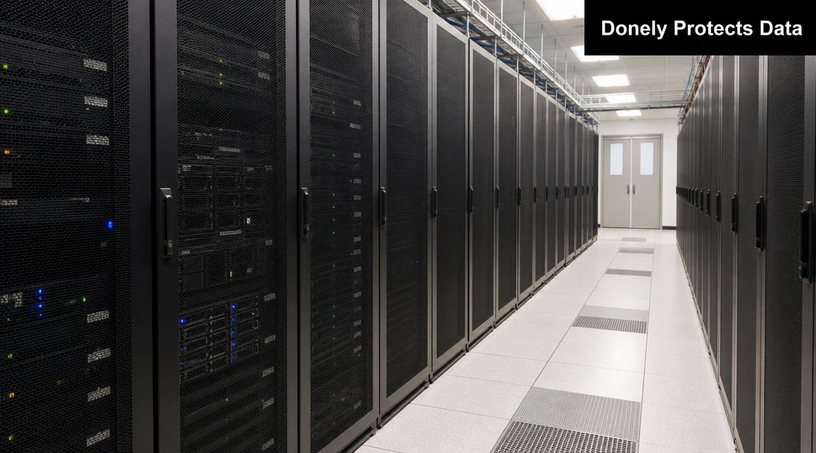 Rows of black server racks in a climate-controlled data center with white tiled flooring and double doors.