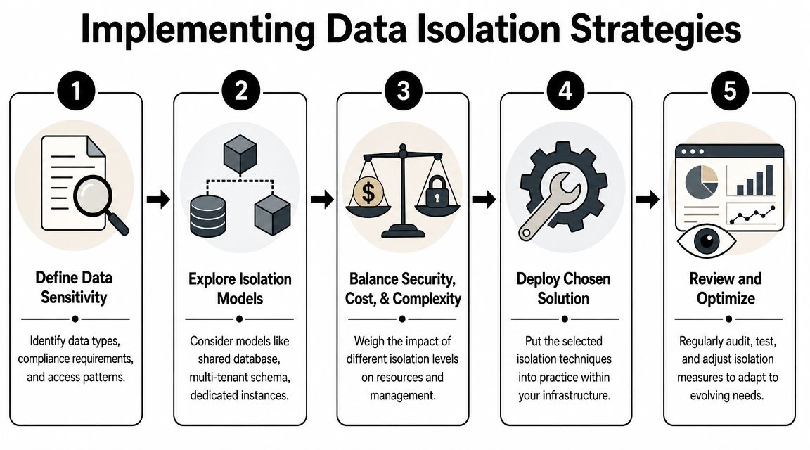 A five-step infographic showing the process of implementing data isolation strategies for organizations and infrastructure.