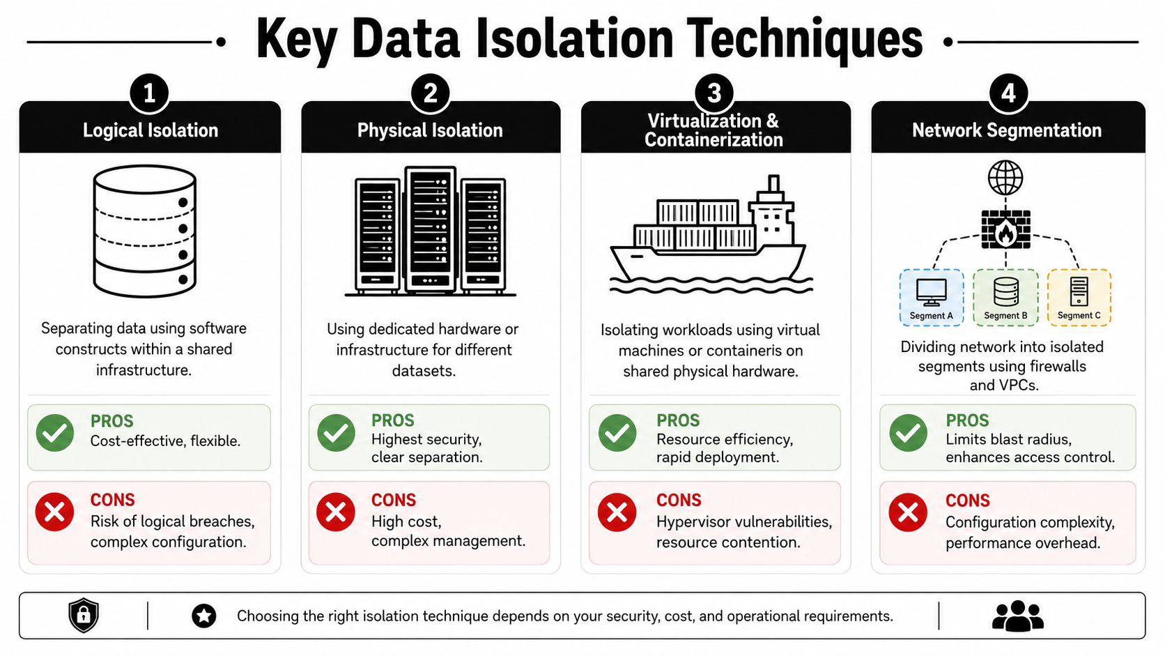 An infographic showing four key data isolation techniques including logical, physical, virtualization, and network segmentation methods.