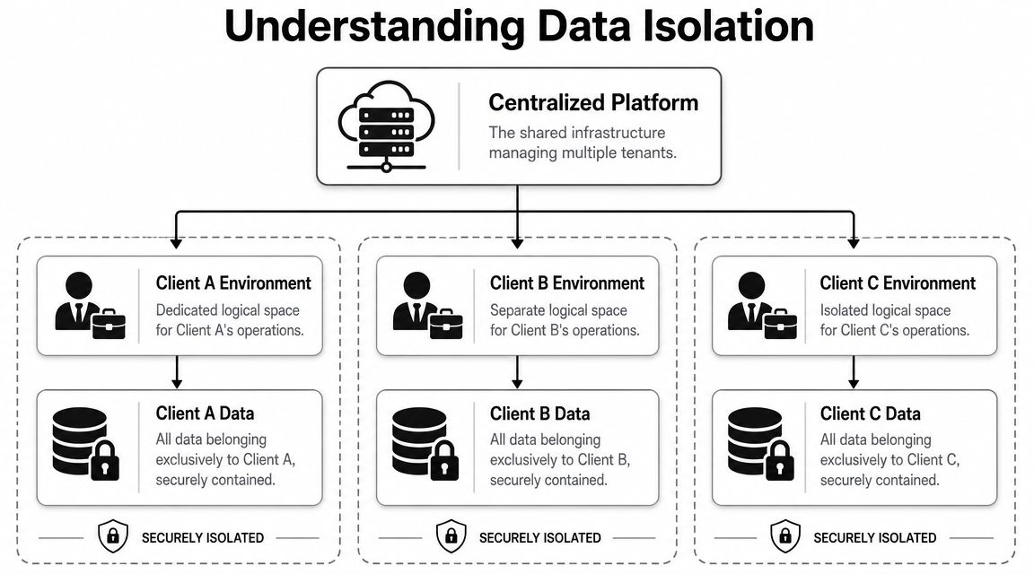 A diagram illustrating data isolation where a centralized platform manages separate, secure environments for three different clients.