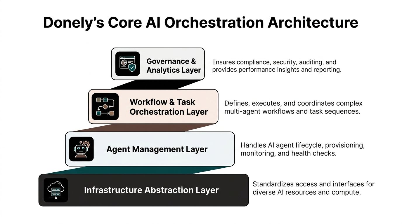 A diagram illustrating Donely's Core AI Orchestration Architecture across four distinct functional software layers.