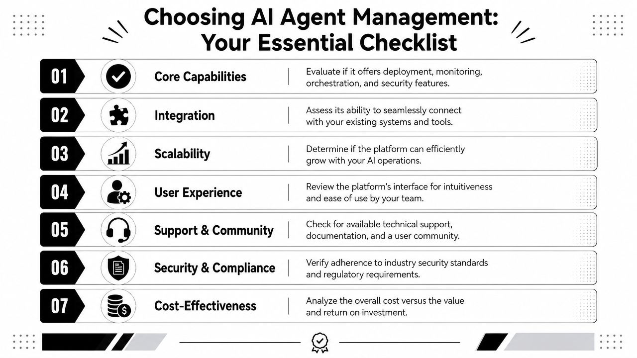 A checklist infographic outlining seven key factors to consider when choosing AI agent management software for business.