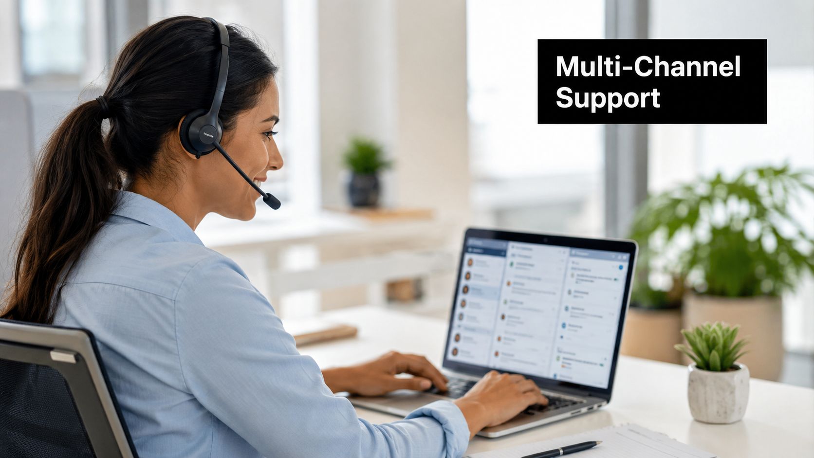 A professional customer support representative wearing a headset and working on a laptop at a bright office.