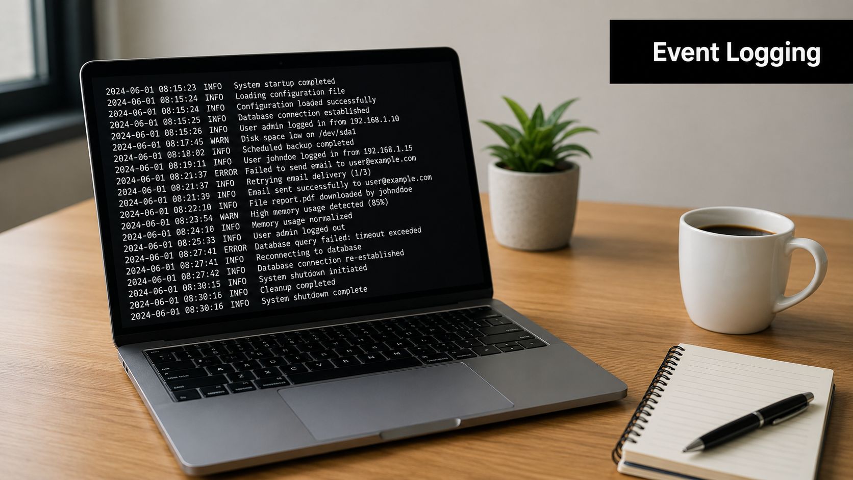 A laptop on a wooden desk displaying server event logs with a notebook and coffee nearby.
