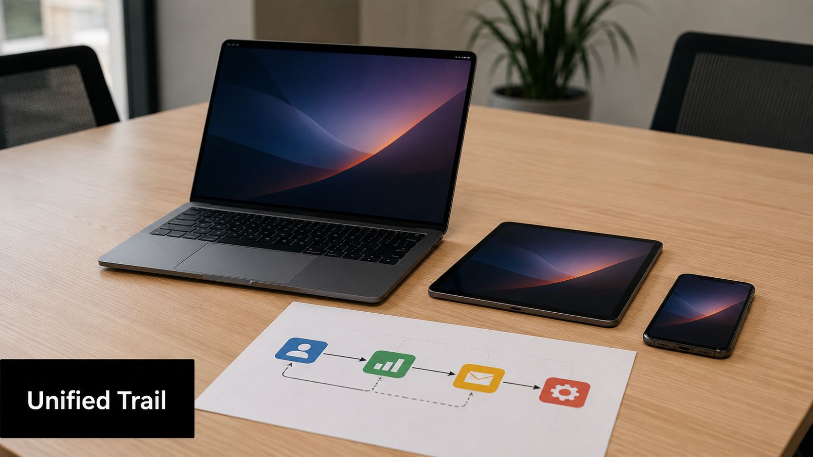 A laptop, tablet, and smartphone displaying a workflow diagram on a paper sitting on a desk.