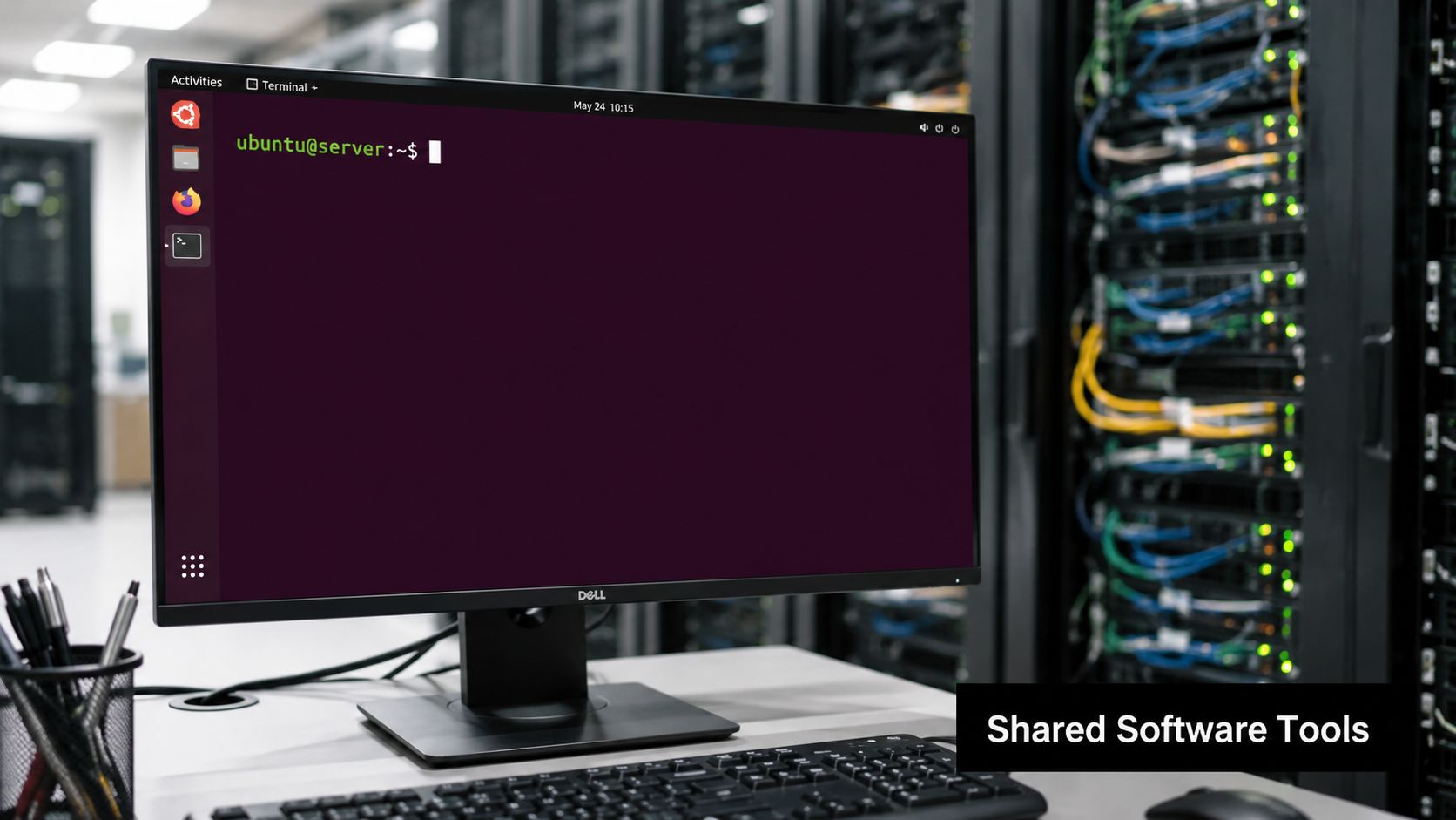 A Dell computer monitor displaying an Ubuntu terminal interface inside a modern server room environment.
