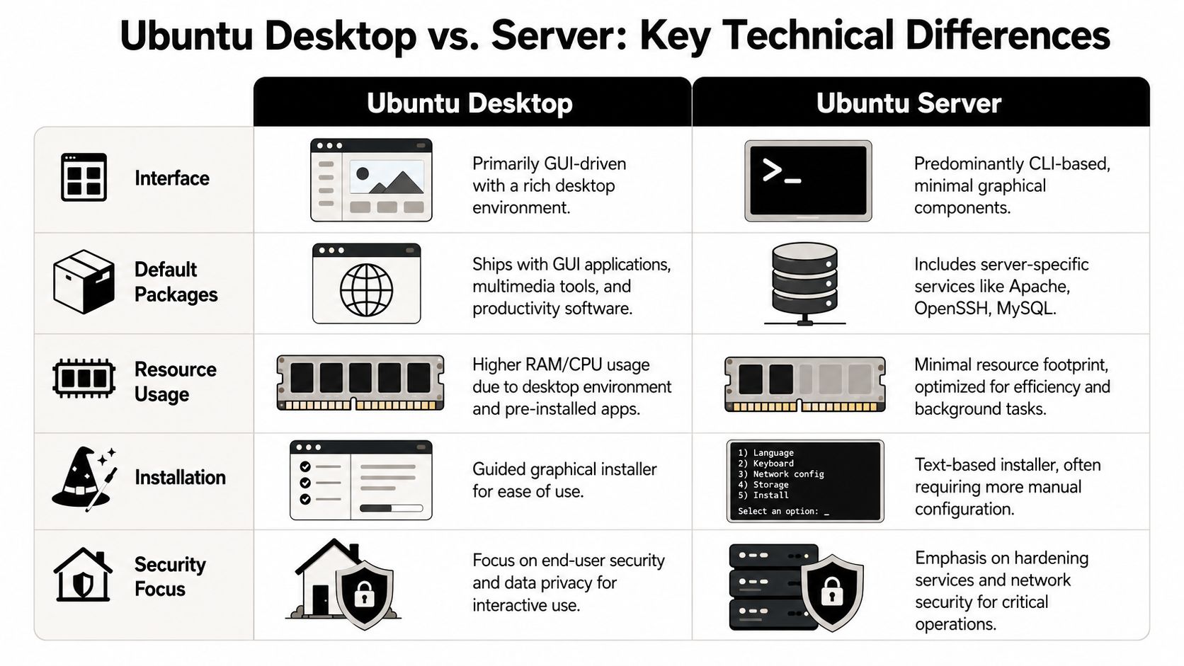 A comparison table highlighting key technical differences between Ubuntu Desktop and Ubuntu Server operating systems.