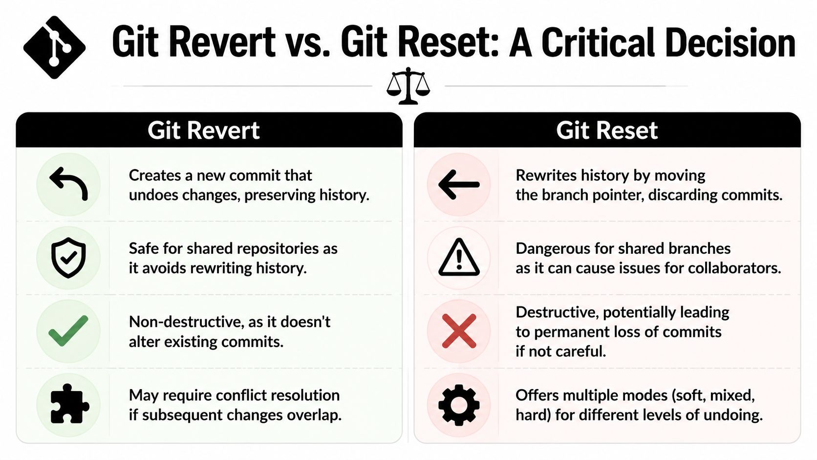A comparison chart explaining the differences between git revert and git reset commands for version control.