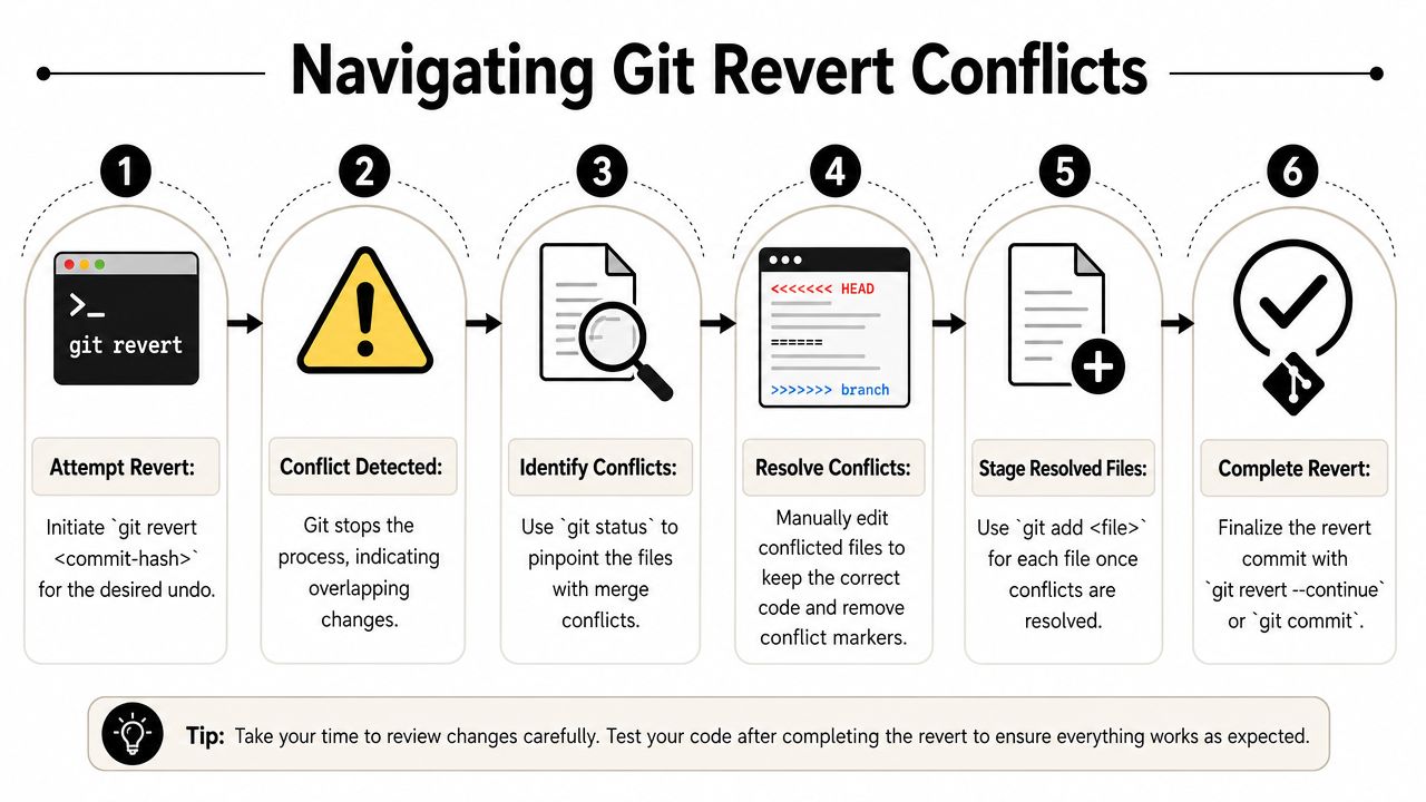 A six-step infographic guide explaining how to resolve conflicts during a Git revert process.