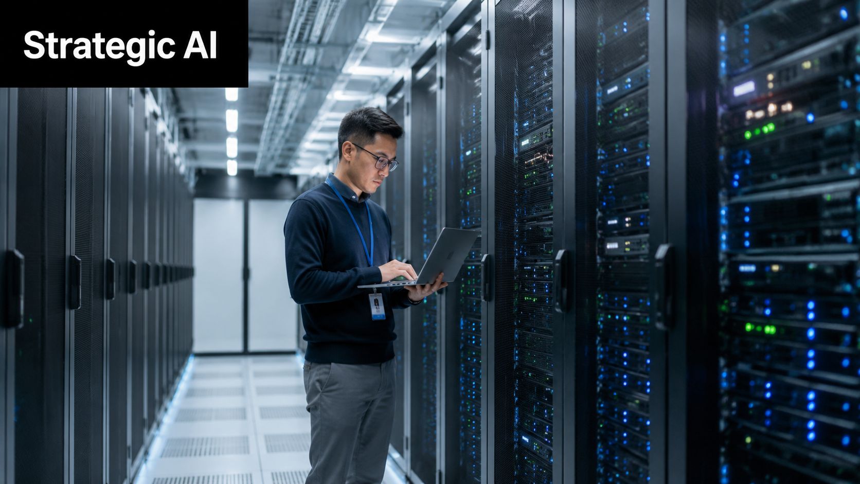 A technician working with a laptop inside a data center server room with rows of equipment.