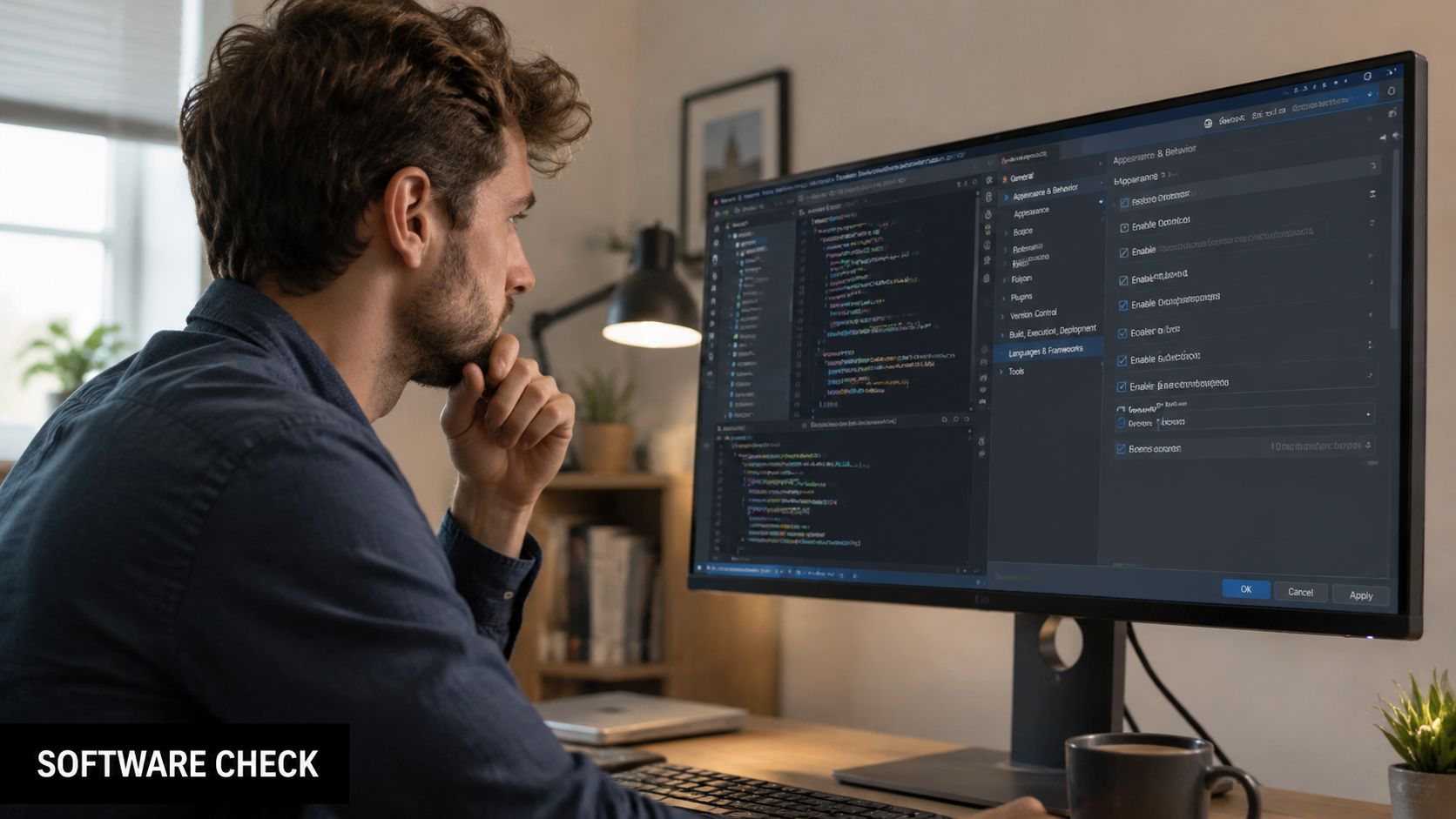 A focused developer working on code and software settings on a large computer monitor in a workspace.