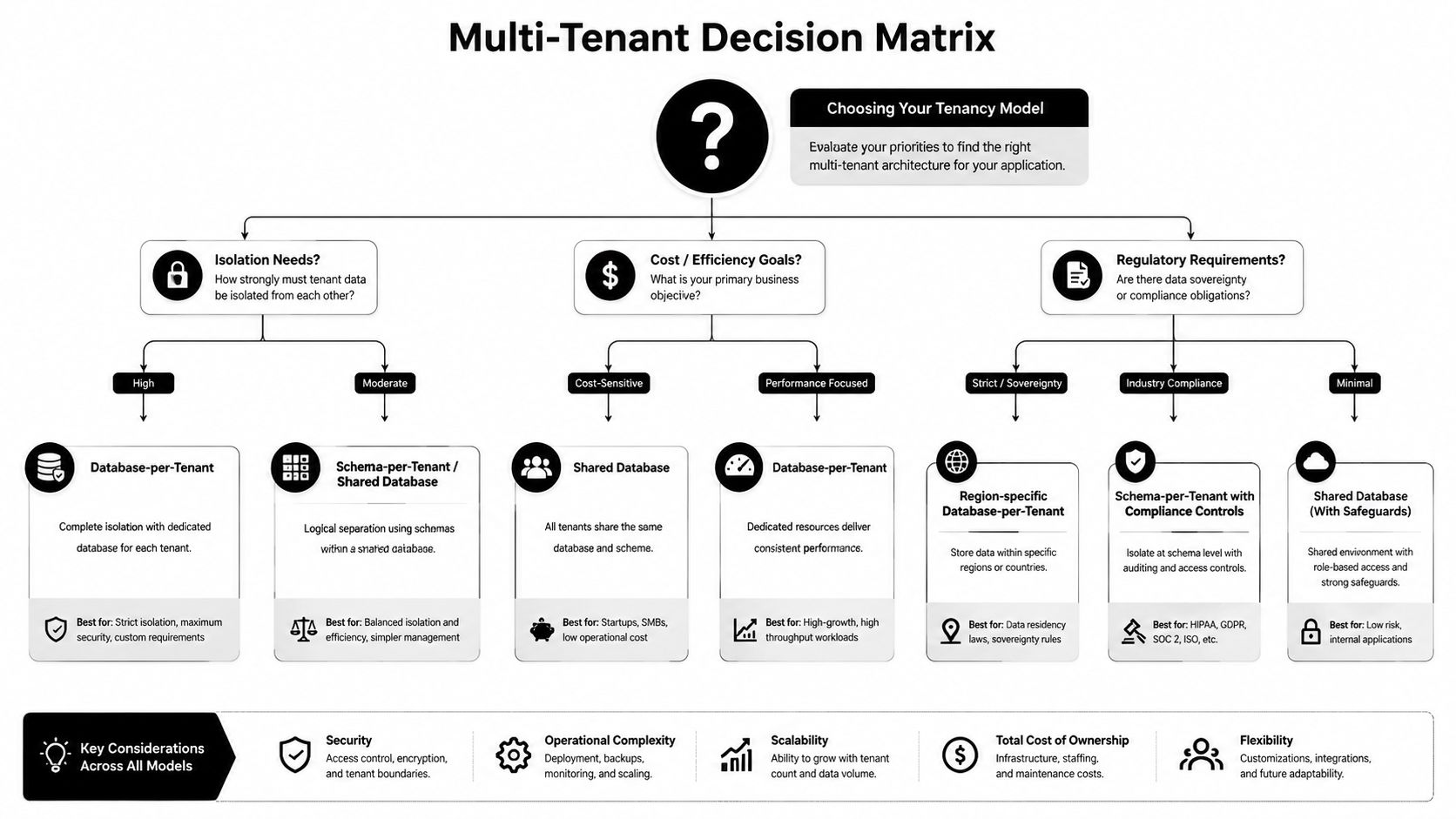 A decision matrix flowchart helping businesses choose the right multi-tenant database architecture based on specific requirements.