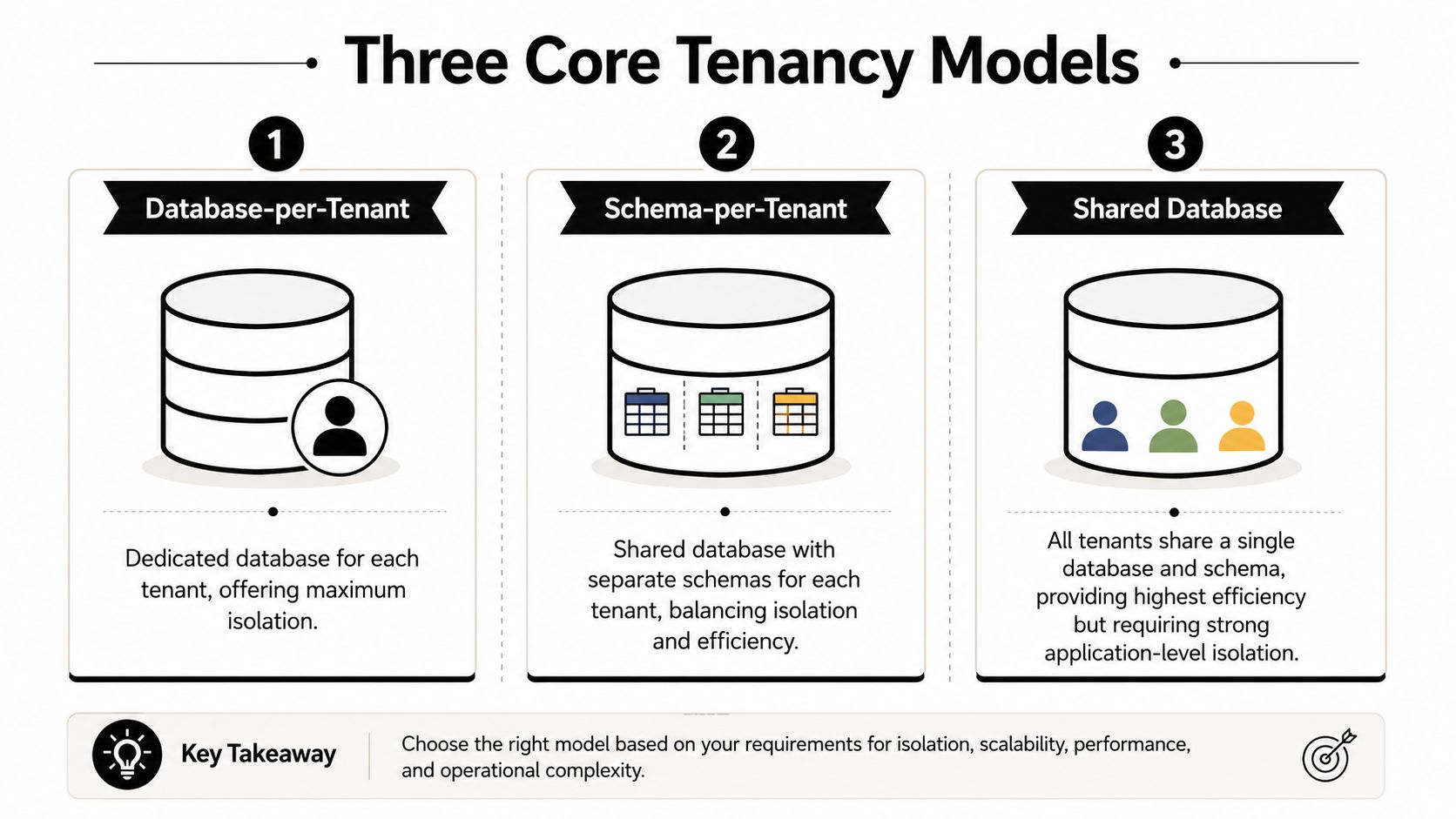 An infographic illustrating the three core tenancy models: Database-per-Tenant, Schema-per-Tenant, and Shared Database for software architecture.