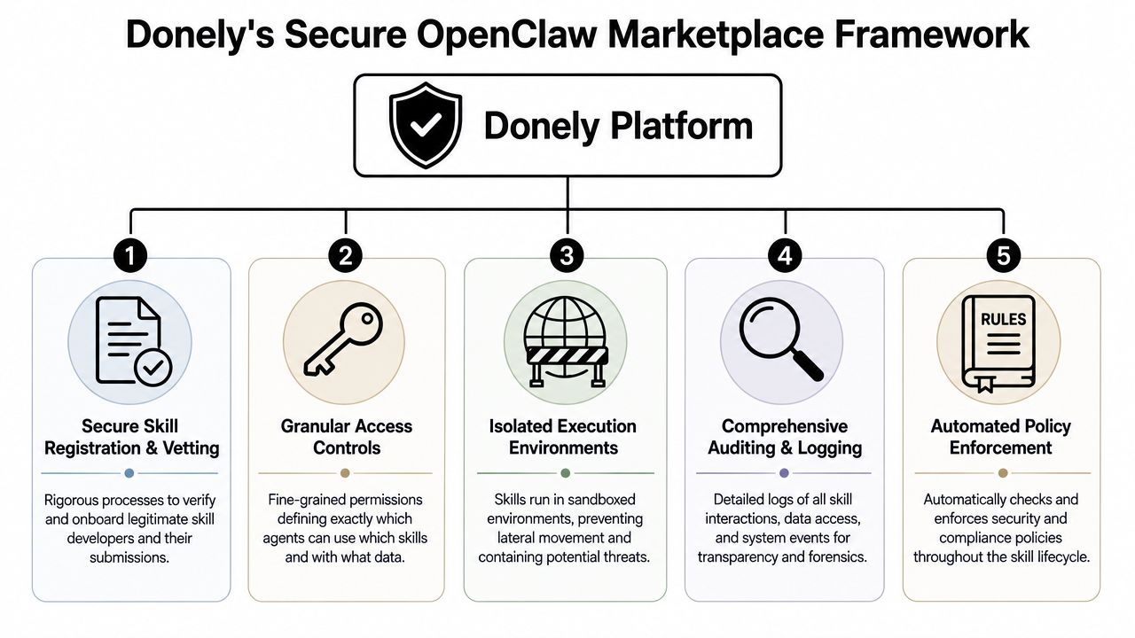 A diagram illustrating Donely's Secure OpenClaw Marketplace Framework with five essential steps for security and compliance.