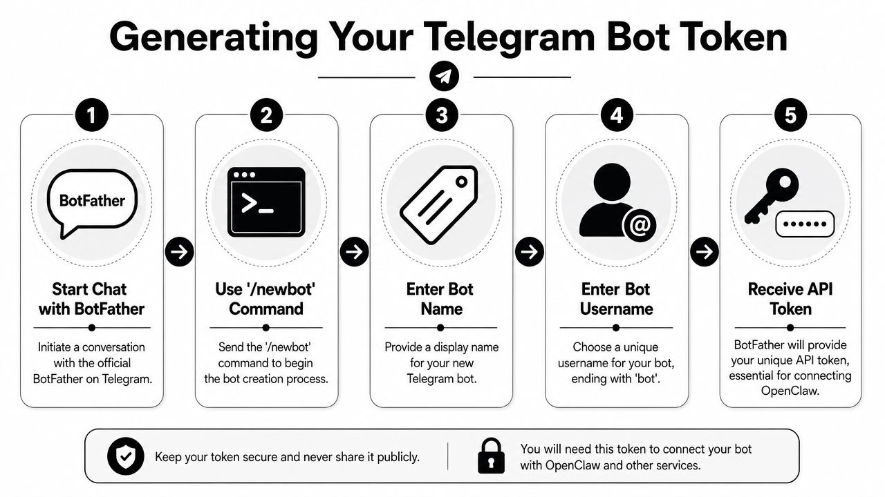 A five-step infographic guide showing how to generate a Telegram bot API token for OpenClaw integration.