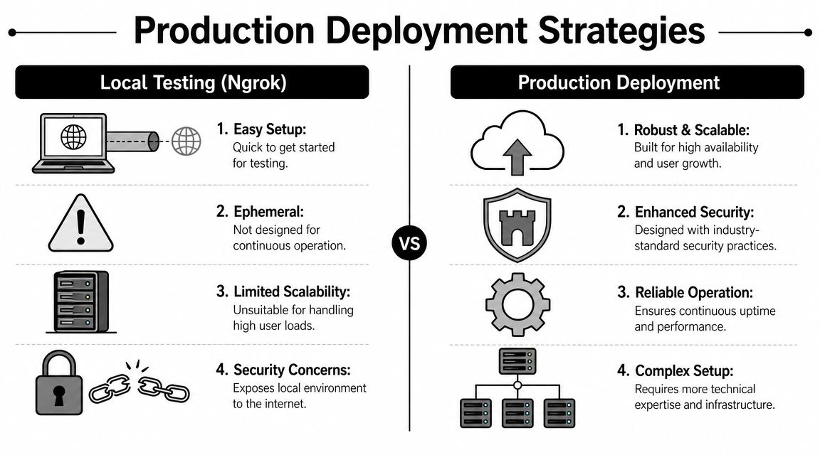 A comparison chart showing the differences between local testing using Ngrok and official production deployment strategies.