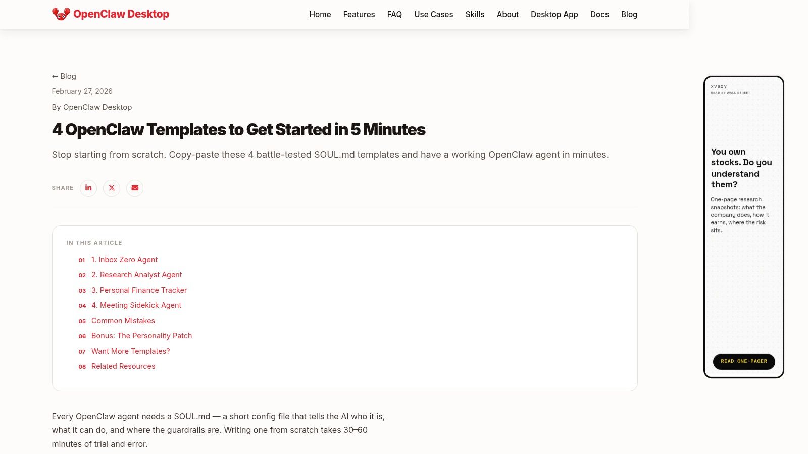 OpenClaw Desktop Blog, “Quick-Start Templates” Article