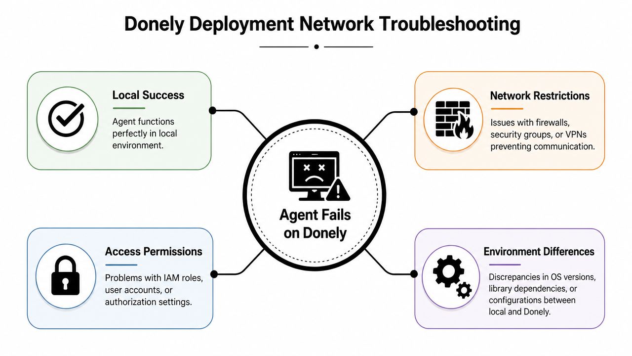 A diagram illustrating four potential causes for Donely agent deployment failures including network, access, and environmental issues.