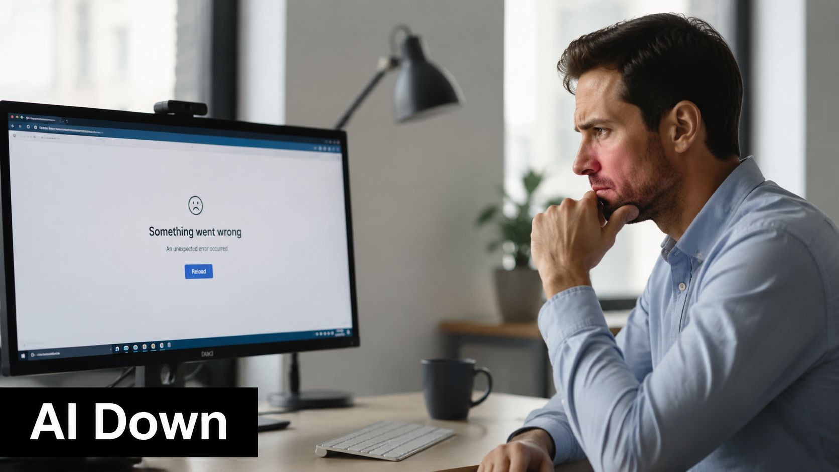 A man looking thoughtfully at a computer screen displaying an error message about a service failure.