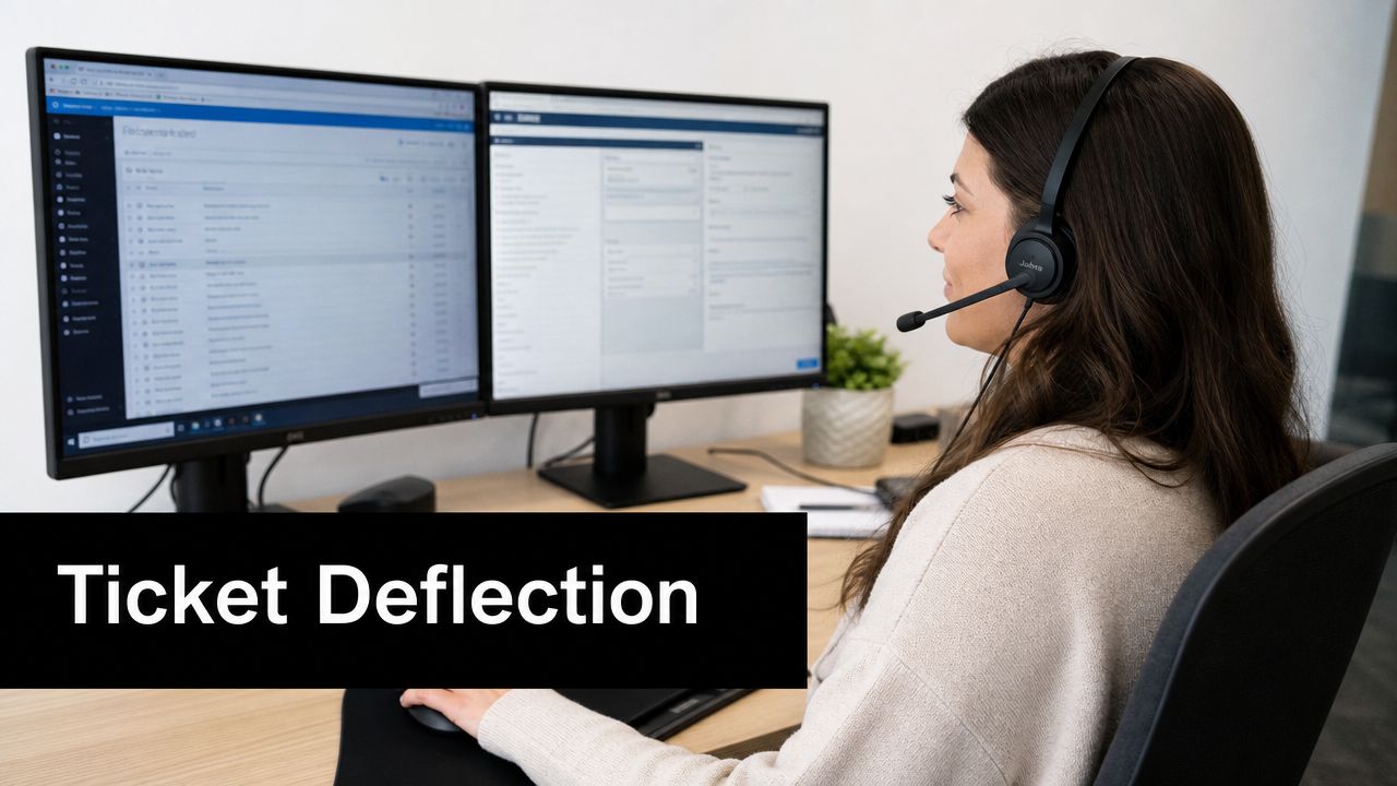 A professional customer support agent wearing a headset while working on dual monitors at her desk.