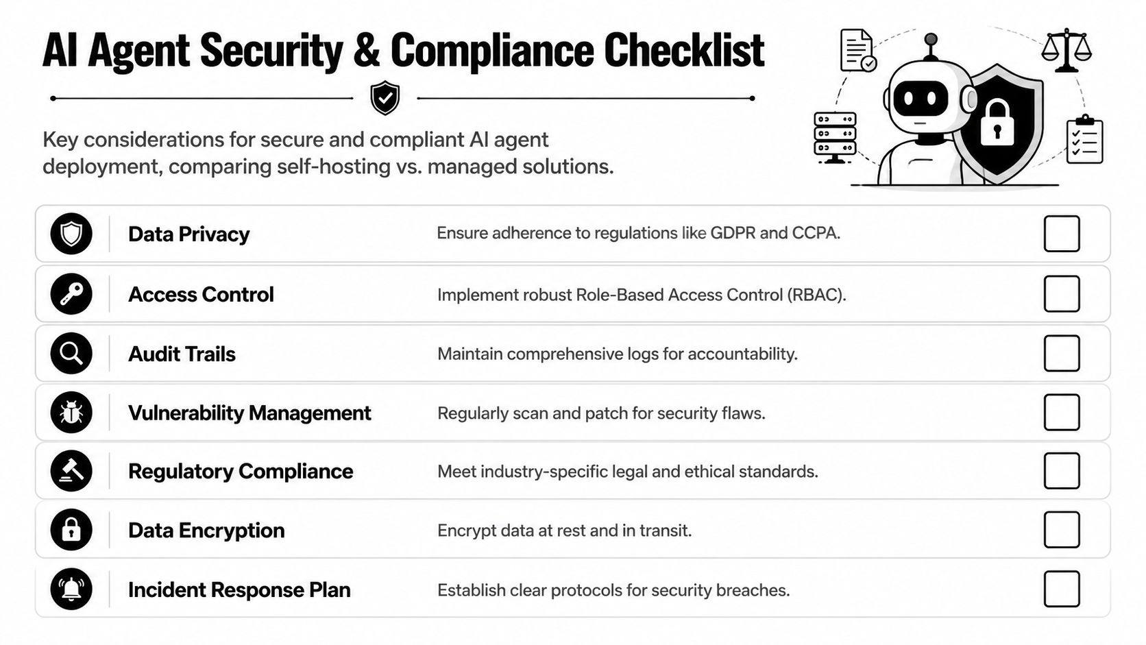 A comprehensive checklist for AI agent security and compliance, outlining key considerations for secure deployment.