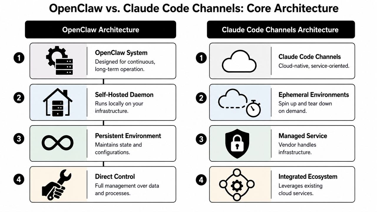 A comparison chart outlining the core architecture differences between OpenClaw and Claude Code Channels systems.