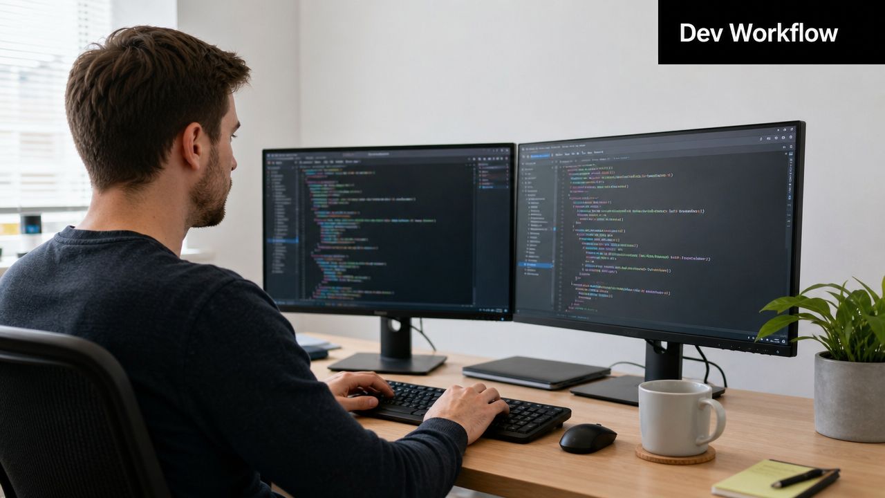 A male software developer working at a desk with two computer monitors displaying code.