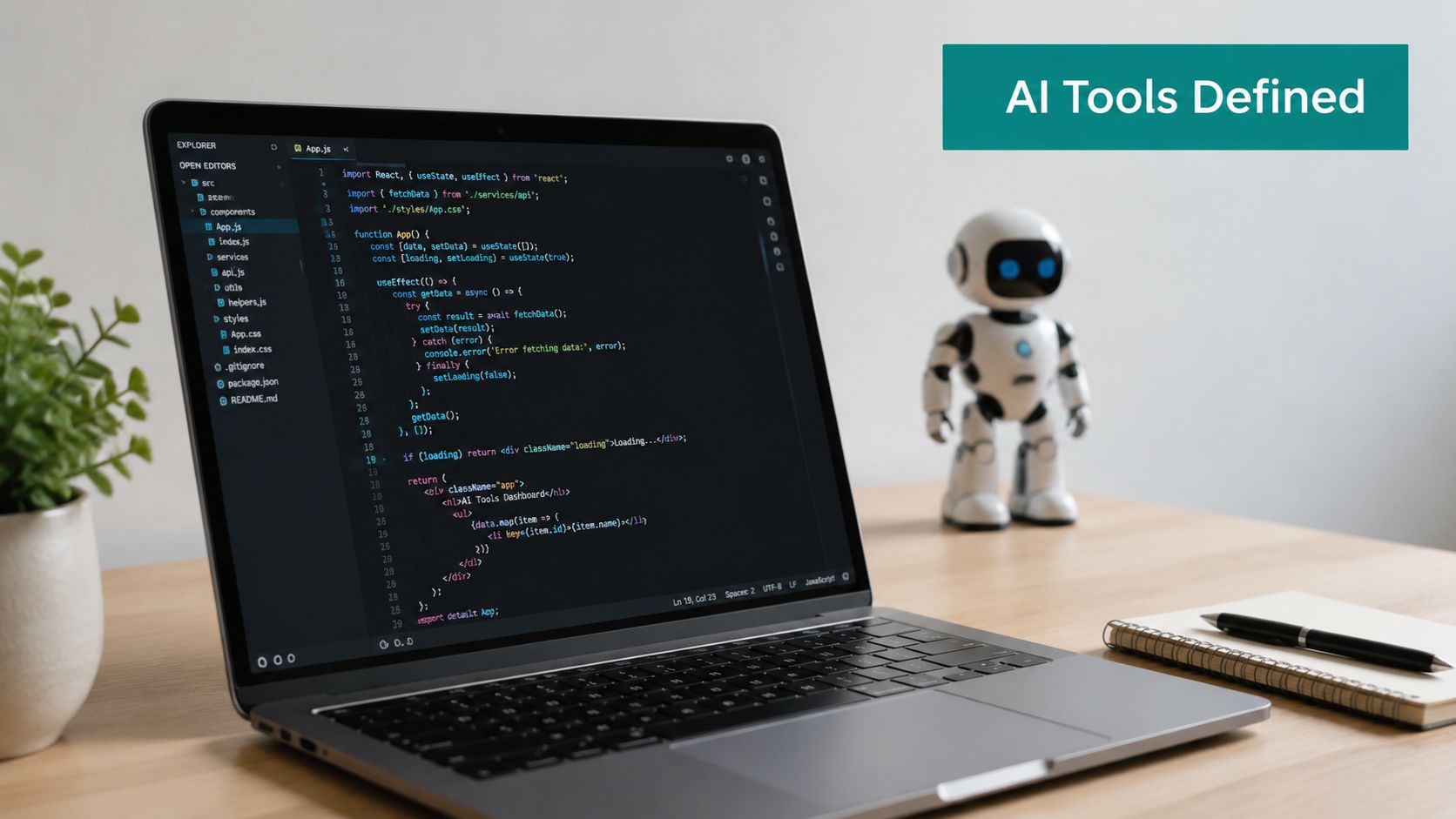 A modern laptop displaying React code on a screen next to a small toy robot on a desk.