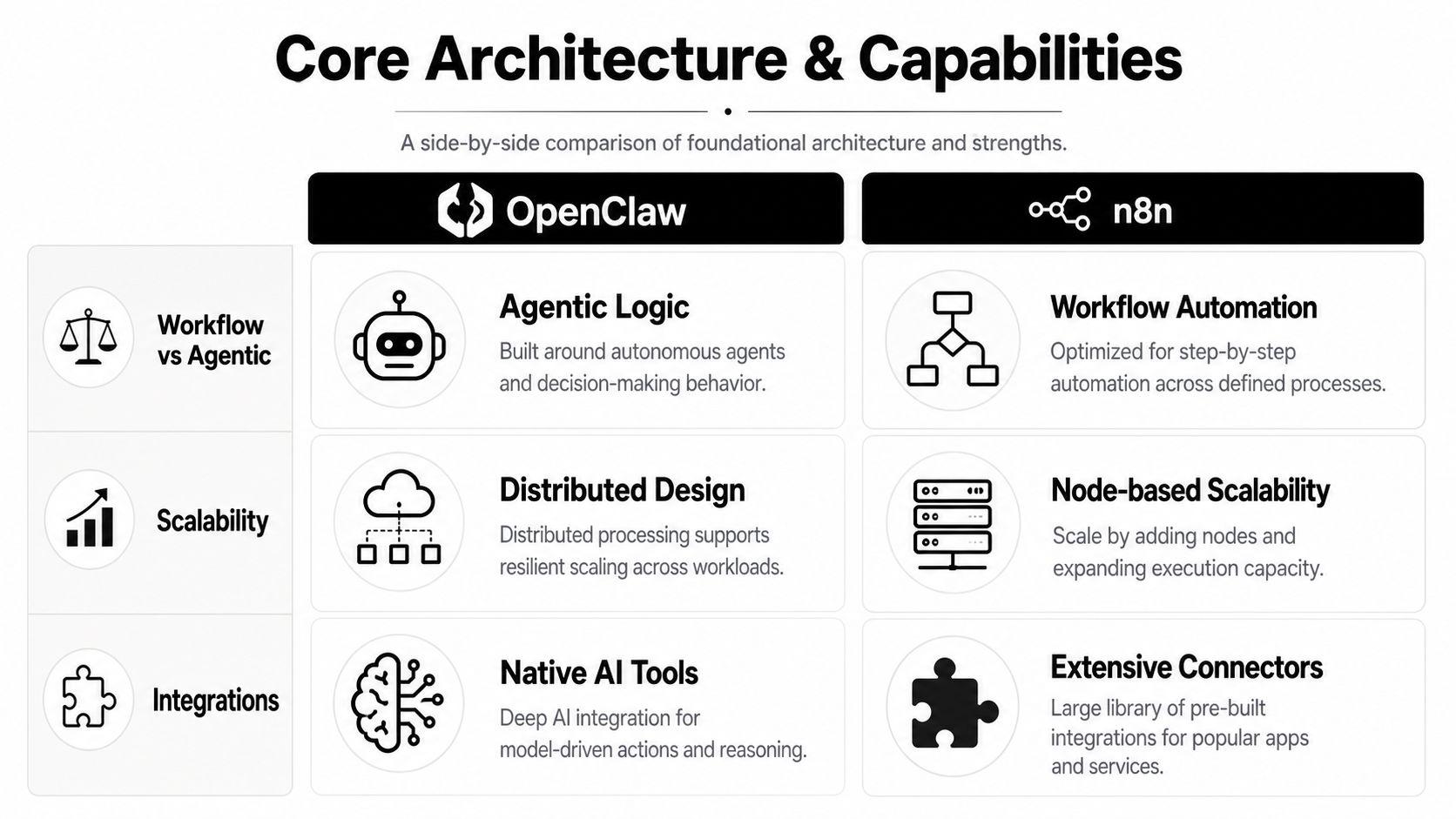 A comparison chart showing core architecture differences between OpenClaw agentic systems and n8n workflow automation software.