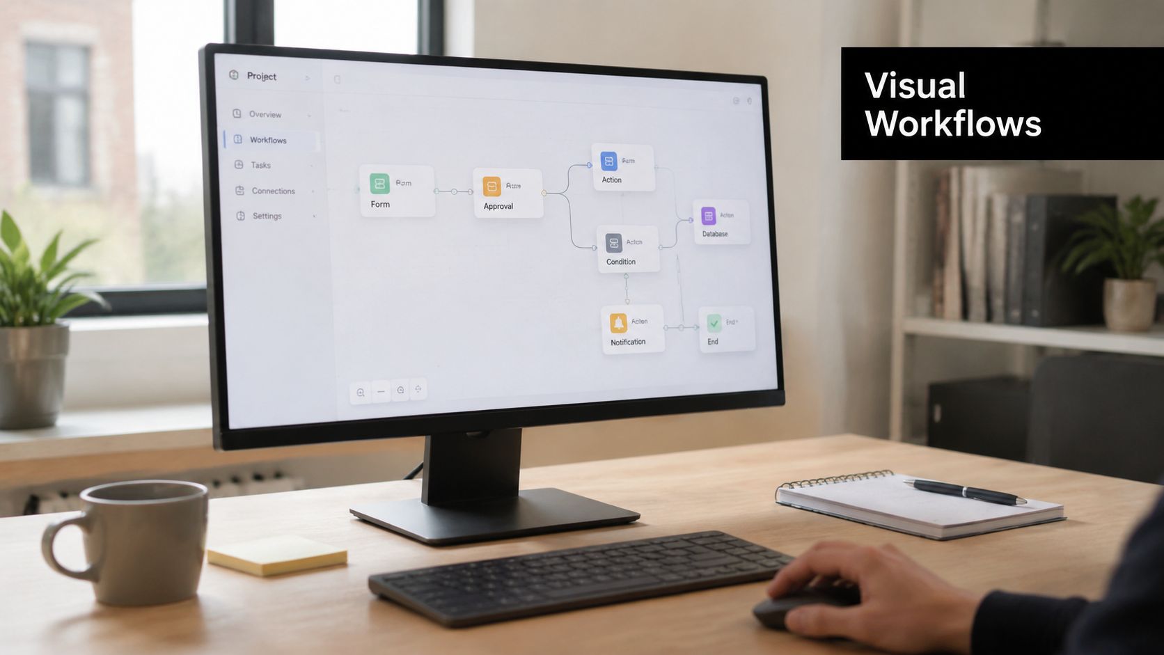 A computer screen showing a visual workflow automation builder tool on a clean wooden office desk.
