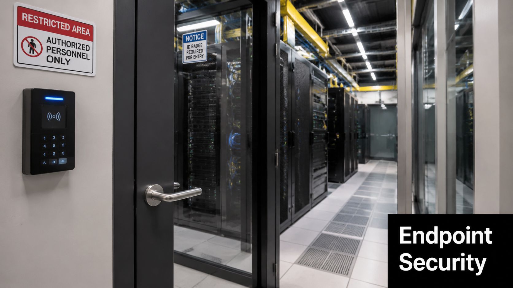The entrance to a secure server room protected by an electronic keypad and restricted area signage.