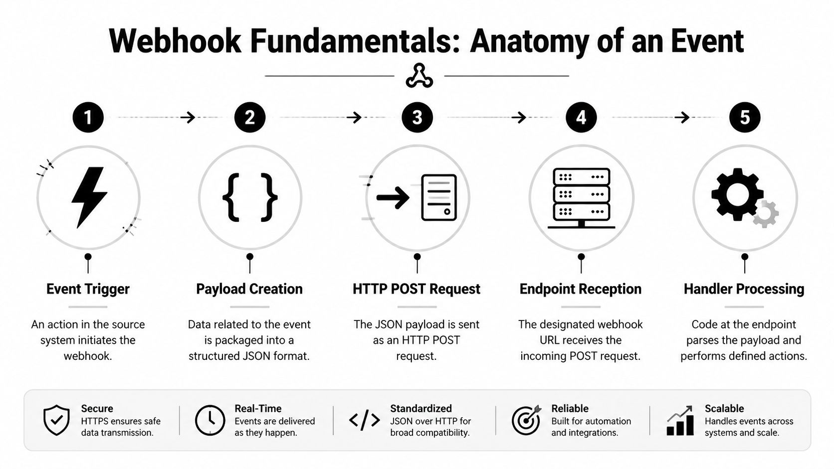 A five-step diagram explaining the webhook fundamentals process from event trigger to handler processing in software systems.