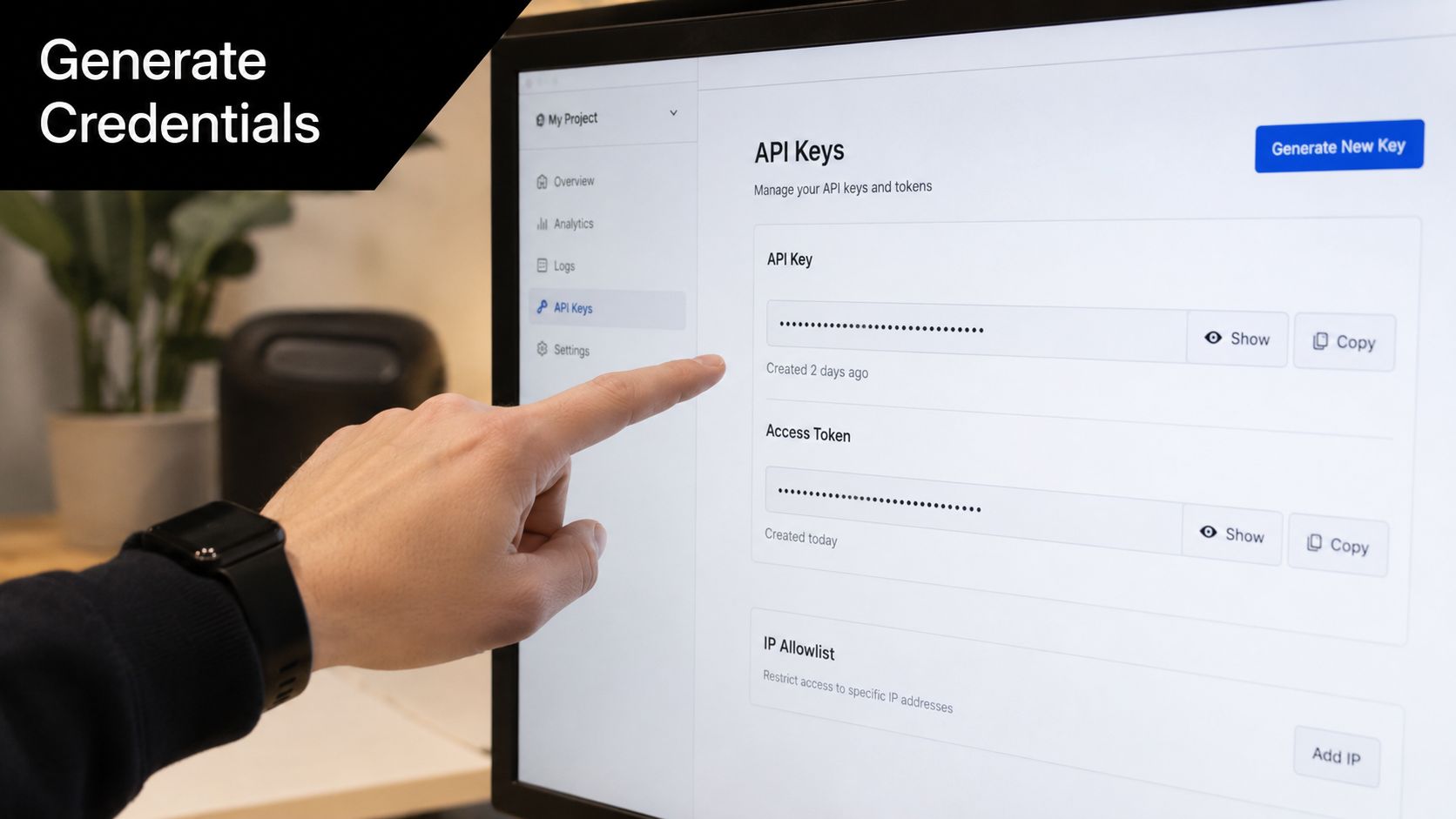A person pointing at an API keys management dashboard on a computer monitor in an office.