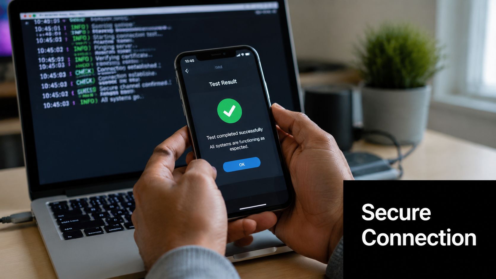 A person holds a smartphone displaying a successful secure connection test result with a green checkmark icon.