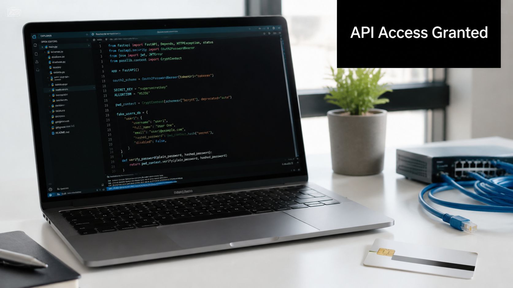 A laptop displaying Python code for a FastAPI application next to a credit card and network switch.