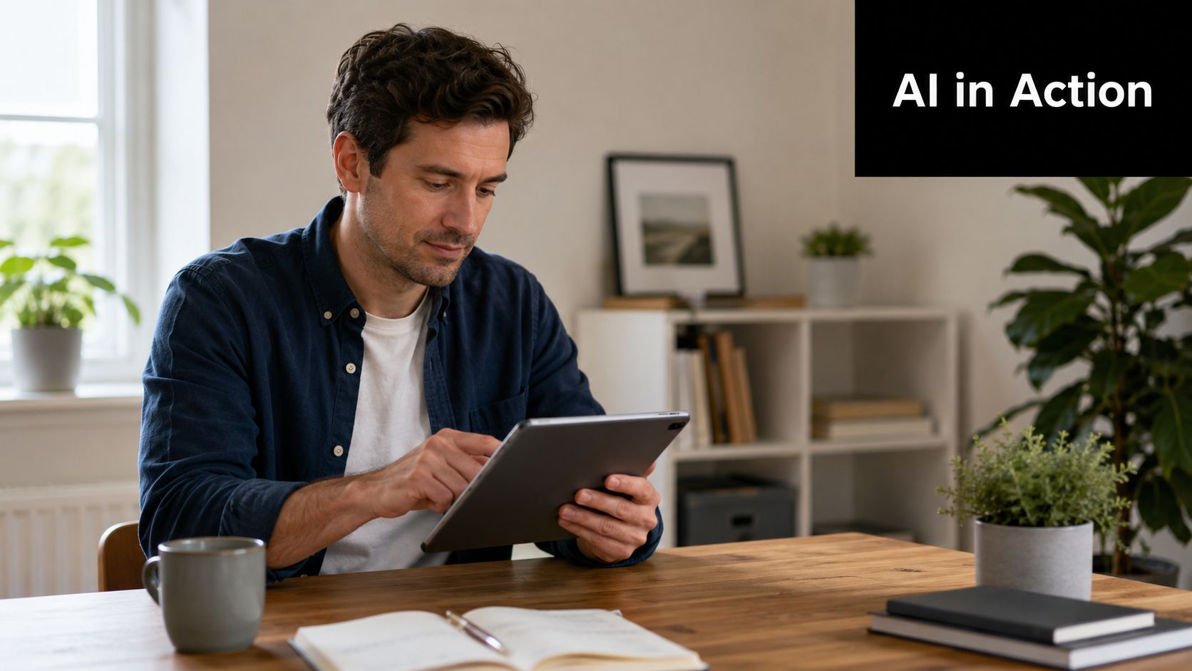 A man focused on his tablet while working at a wooden table in a home office.