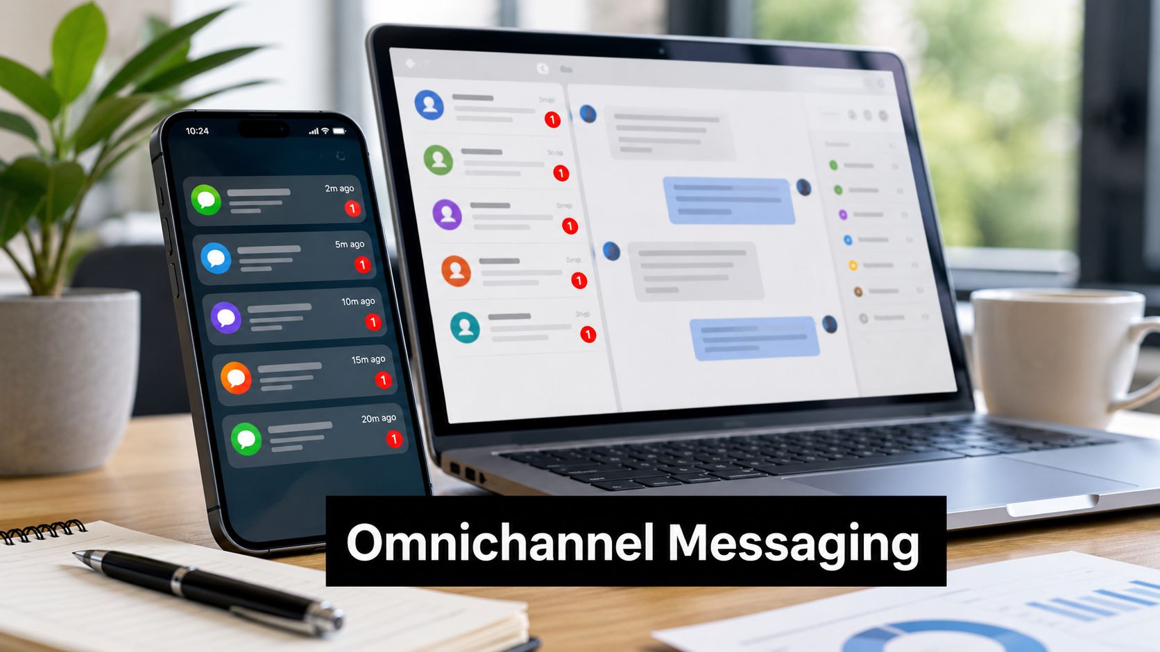 A smartphone and laptop on a wooden desk displaying an omnichannel messaging dashboard for business communications.