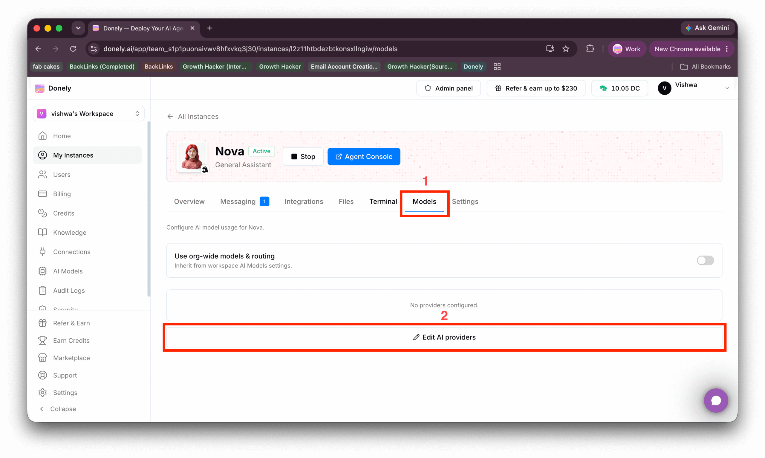 Open the Models tab on your agent, then click Edit AI providers
